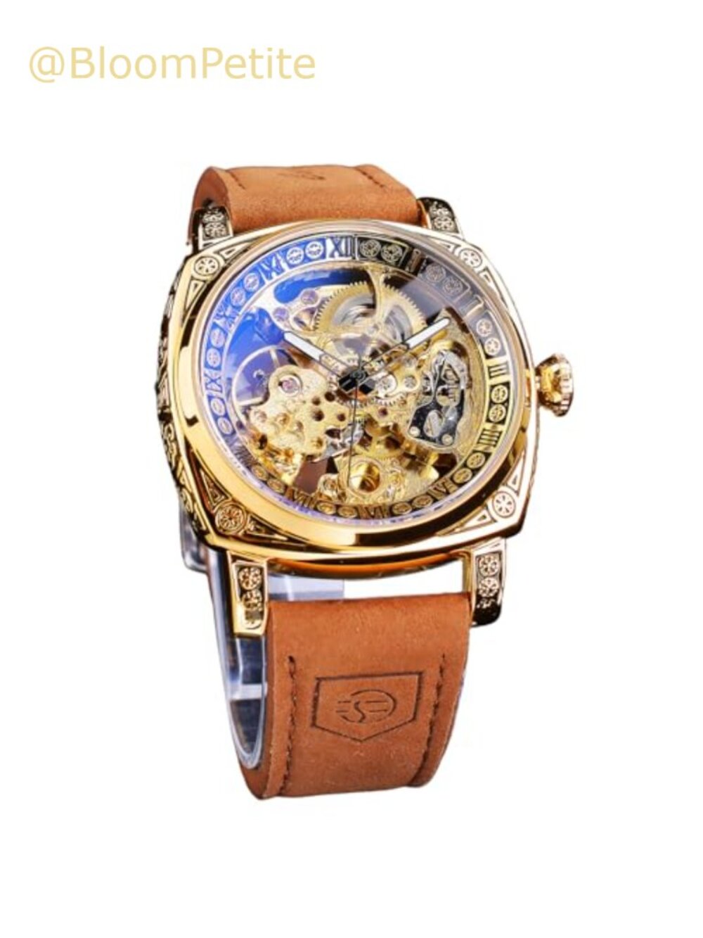 Men's Square Retro Mechanical Watch Self-Wind Skeleton Leather Strap